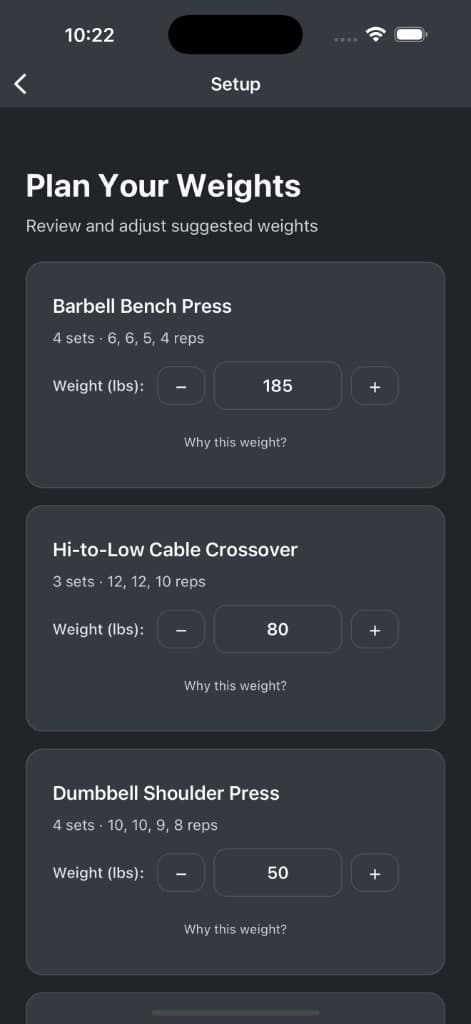 z-fit plan your weights setup screen